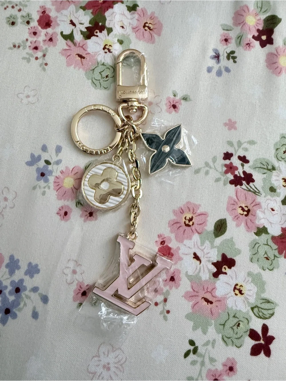 Gold-tone Key & Charm Holder with Pink and Black Accents